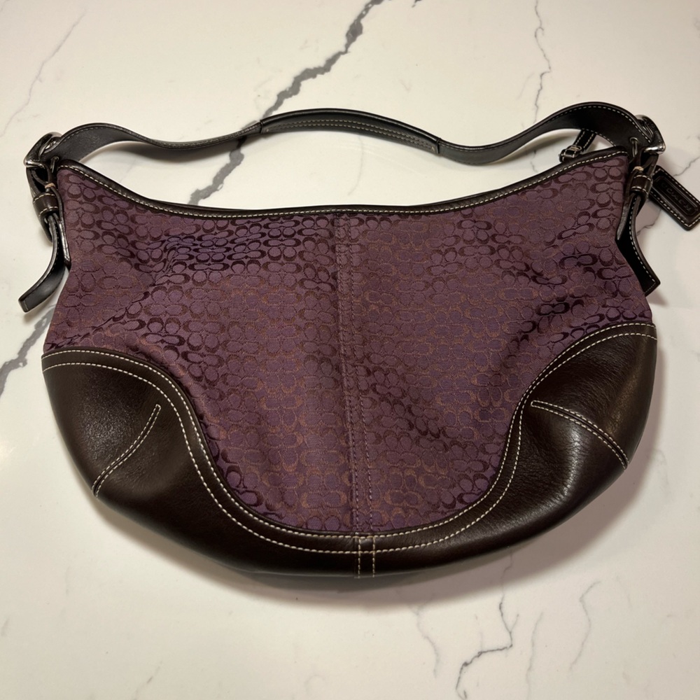 Vintage Coach Soho Hobo Shoulder Bag Purple Signature C Jacquard & Brown Leather